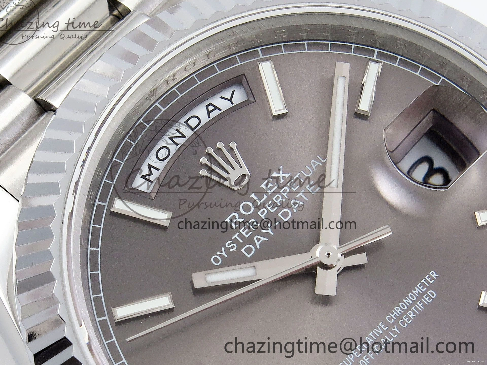0516 FreshLook DayDate 40 SS JDF 904L Steel Gray Stick Dial on President Bracelet VR3255 V3 (Gain Weight) 1446